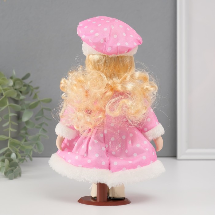 Кукла коллекционная керамика "Малышка Лиза в розовом платье в горох, с мехом" 21 см - фото 1911137330