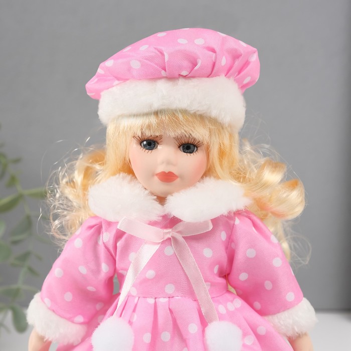 Кукла коллекционная керамика "Малышка Лиза в розовом платье в горох, с мехом" 21 см - фото 1911137331