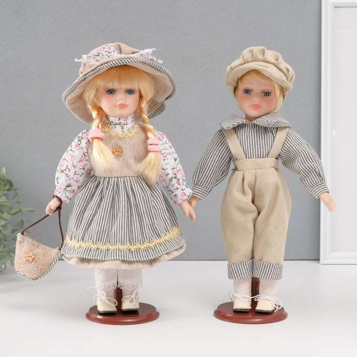 Кукла коллекционная парочка &quot;Нина и Витя, бежевый наряд с полоской&quot; набор 2 шт 30 см