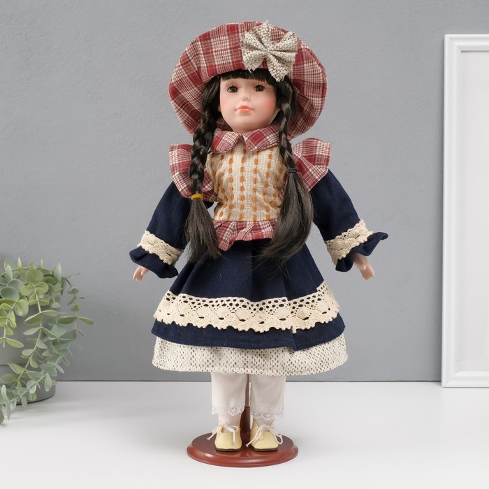 Кукла коллекционная керамика &quot;Есения в бежевой жилетке и синей юбке&quot; 39 см
