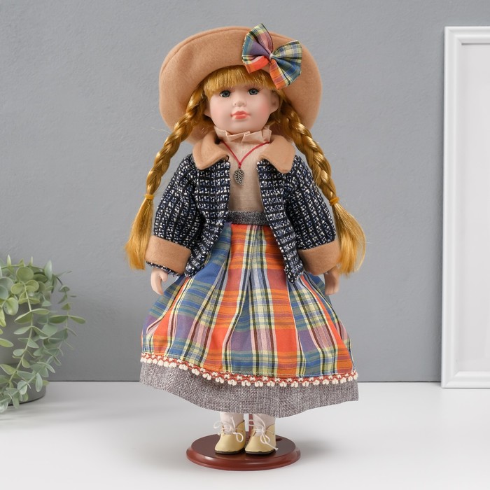 Кукла коллекционная керамика &quot;Вика в клетчатой разноцветной юбке&quot; 39 см