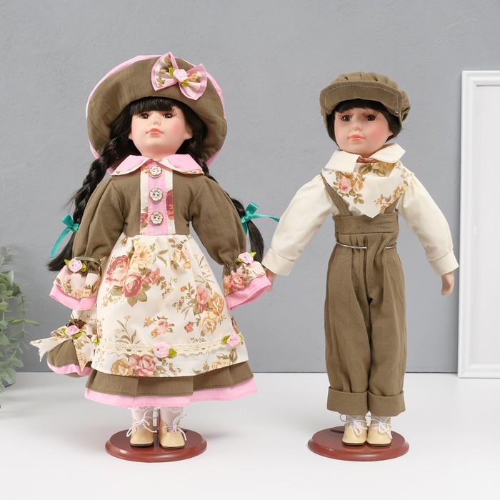 Кукла коллекционная парочка &quot;Марина и Паша, зелёный наряд с цветами&quot; набор 2 шт 40 см