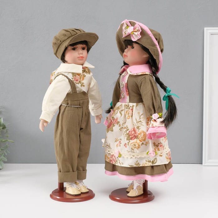Кукла коллекционная парочка "Марина и Паша, зелёный наряд с цветами" набор 2 шт 40 см - фото 1906741743