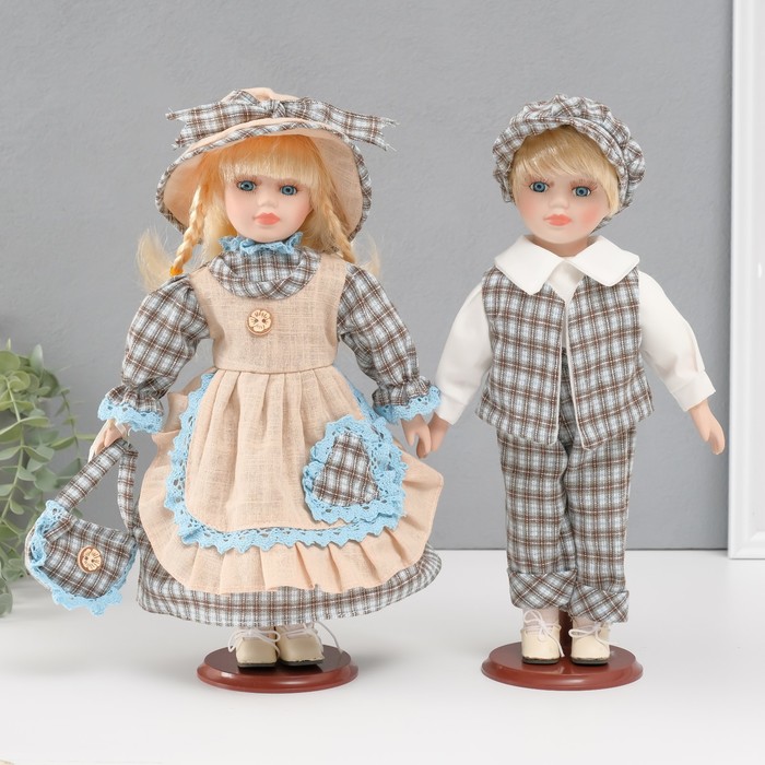 Кукла коллекционная парочка &quot;Алёна и Антон, наряд в клеточку&quot; набор 2 шт 30 см
