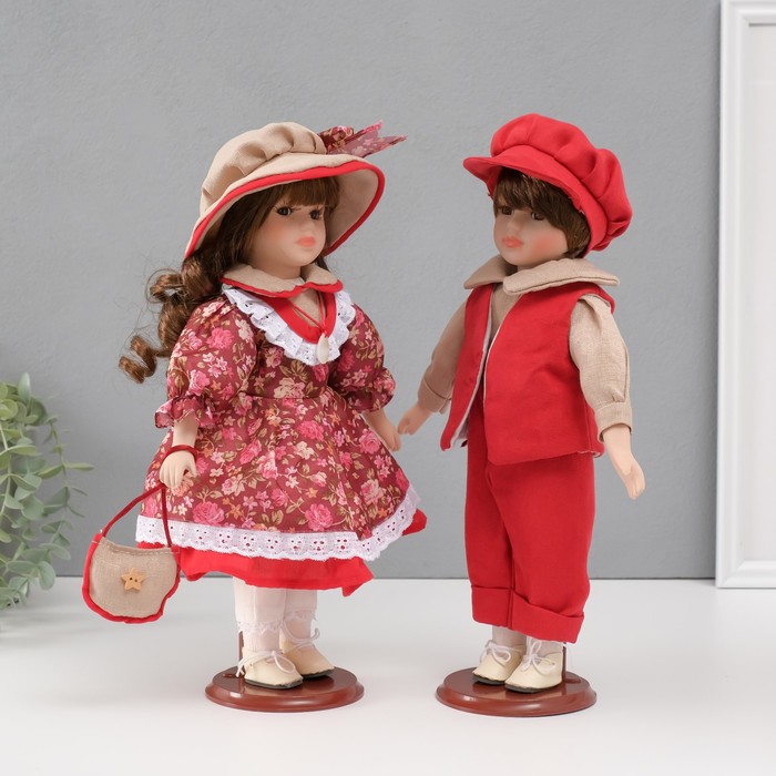 Кукла коллекционная парочка "Ксюша и Егор, бордовый наряд с цветами" набор 2 шт 31 см - фото 1911137358