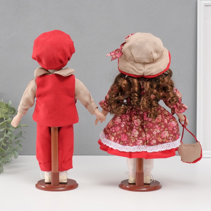 Кукла коллекционная парочка "Ксюша и Егор, бордовый наряд с цветами" набор 2 шт 31 см - фото 1911137360