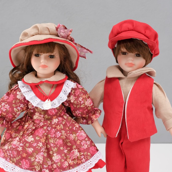 Кукла коллекционная парочка "Ксюша и Егор, бордовый наряд с цветами" набор 2 шт 31 см - фото 1911137361