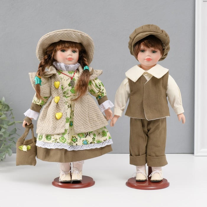 Кукла коллекционная парочка &quot;Алиса и Тимофей, зелёный наряд с цветами&quot; набор 2 шт 31 см
