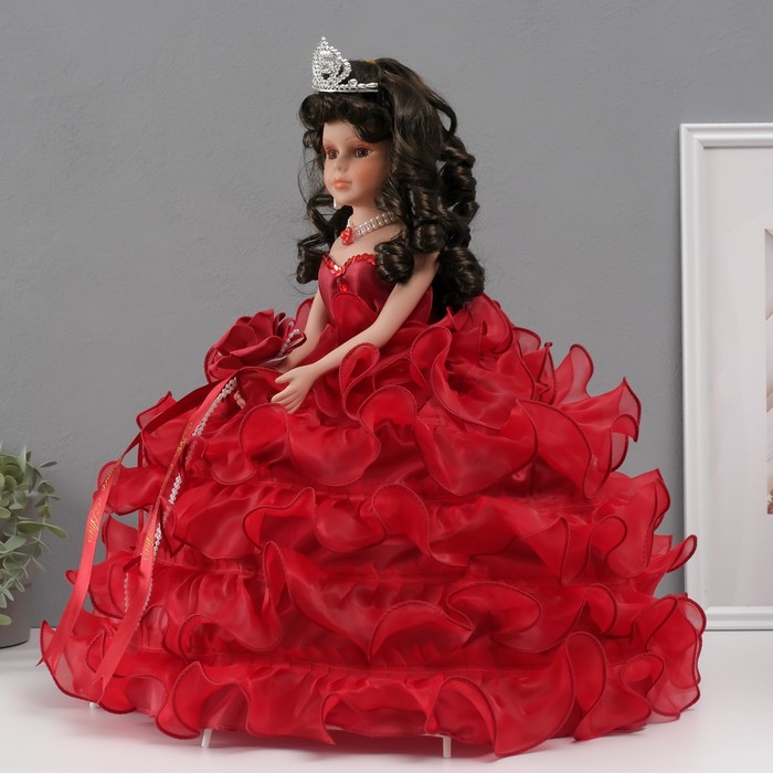 Кукла коллекционная зонтик керамика "Леди в бордовом платье с розой, в тиаре" 45 см - фото 1906741768