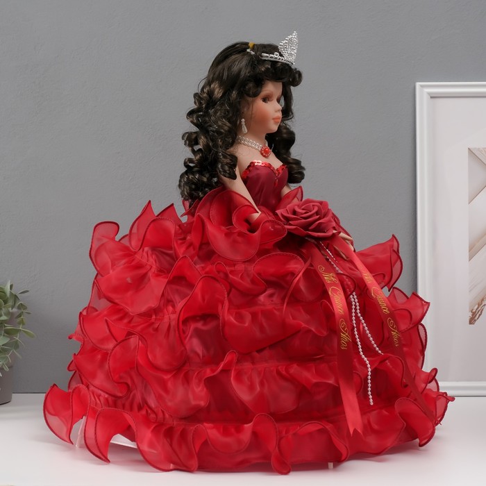 Кукла коллекционная зонтик керамика "Леди в бордовом платье с розой, в тиаре" 45 см - фото 1906741769