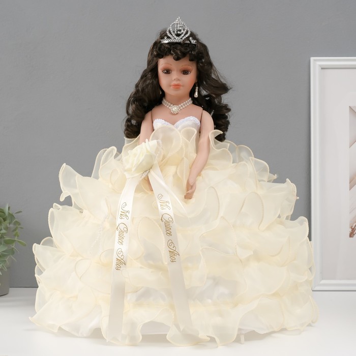Кукла коллекционная зонтик керамика &quot;Леди в молочном платье с розой, в тиаре&quot; 45 см