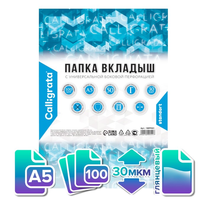 Файл-вкладыш А5, 30 мкм, Calligrata, глянцевый, горизонтальная ориентация, 100 штук - Фото 1