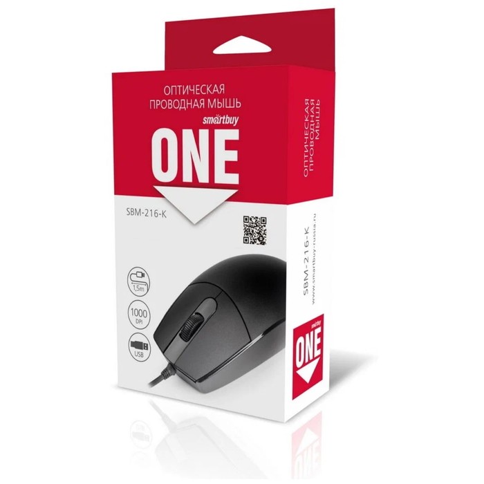 Мышь Smartbuy ONE 216-K , проводная, оптическая, 1000 dpi, USB, чёрная - фото 51566096