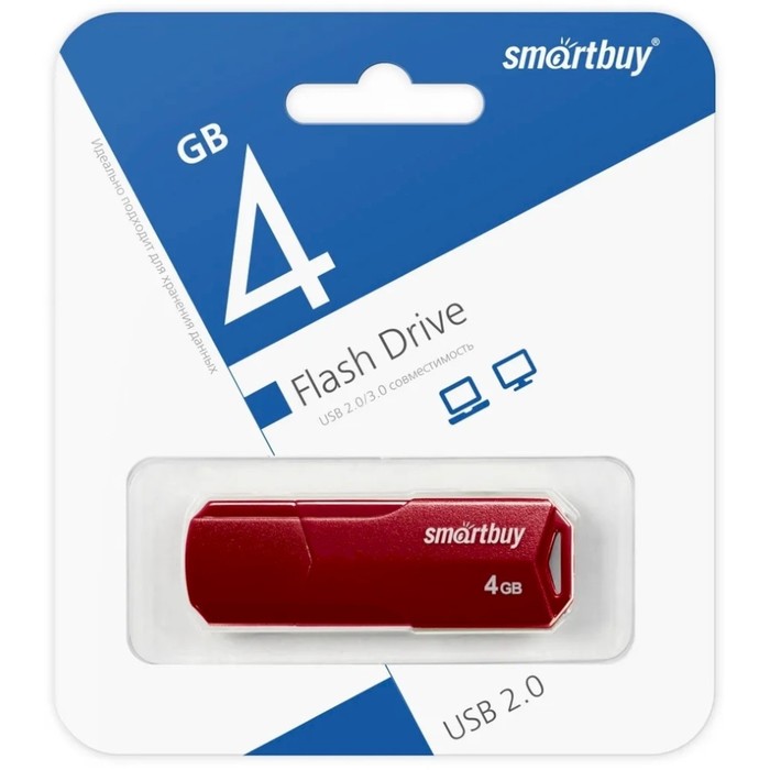 Флешка Smartbuy 4GBCLU-BG, 4 Гб, USB2.0, чт до 25 Мб/с, зап до 15 Мб/с, темно-красная - фото 51566121