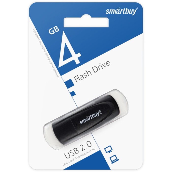 Флешка Smartbuy 4GB2SCK, 4 Гб, USB2.0, чт до 15 Мб/с, зап до 12 Мб/с, черная - фото 51566141