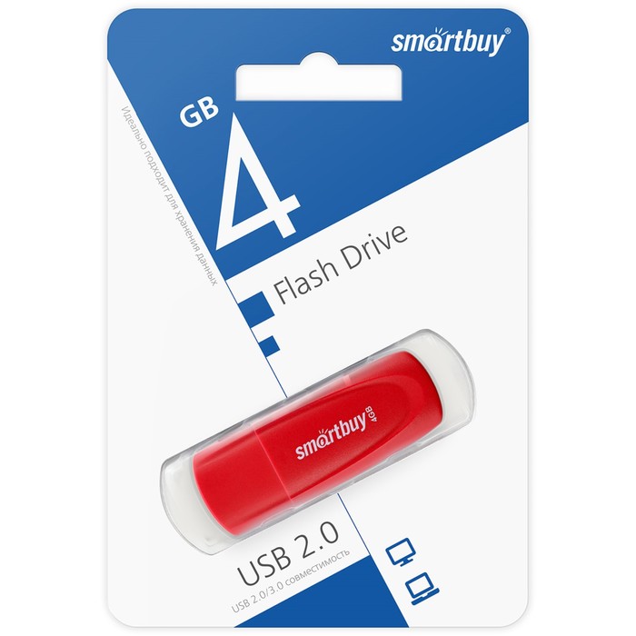 Флешка Smartbuy 4GB2SCR, 4 Гб, USB2.0, чт до 15 Мб/с, зап до 12 Мб/с, красная - фото 51566149