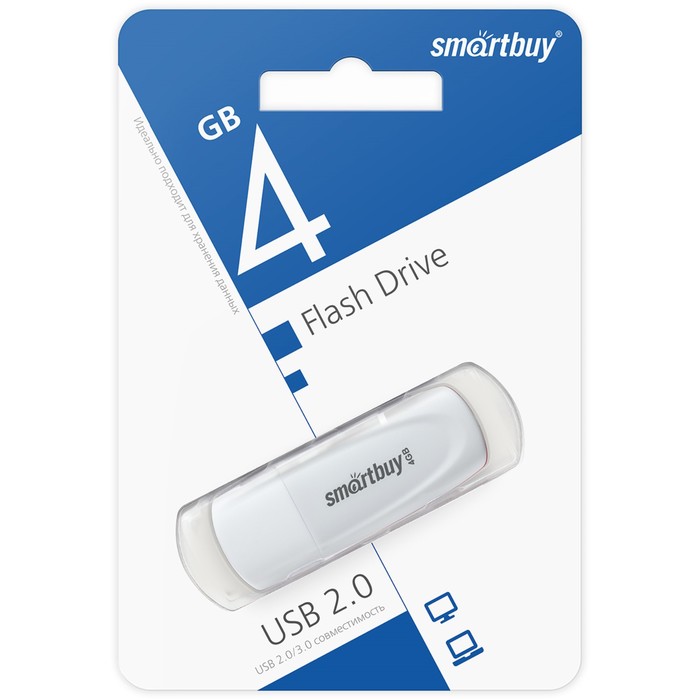 Флешка Smartbuy 4GB2SCW, 4 Гб, USB2.0, чт до 15 Мб/с, зап до 12 Мб/с, белая - фото 51566153