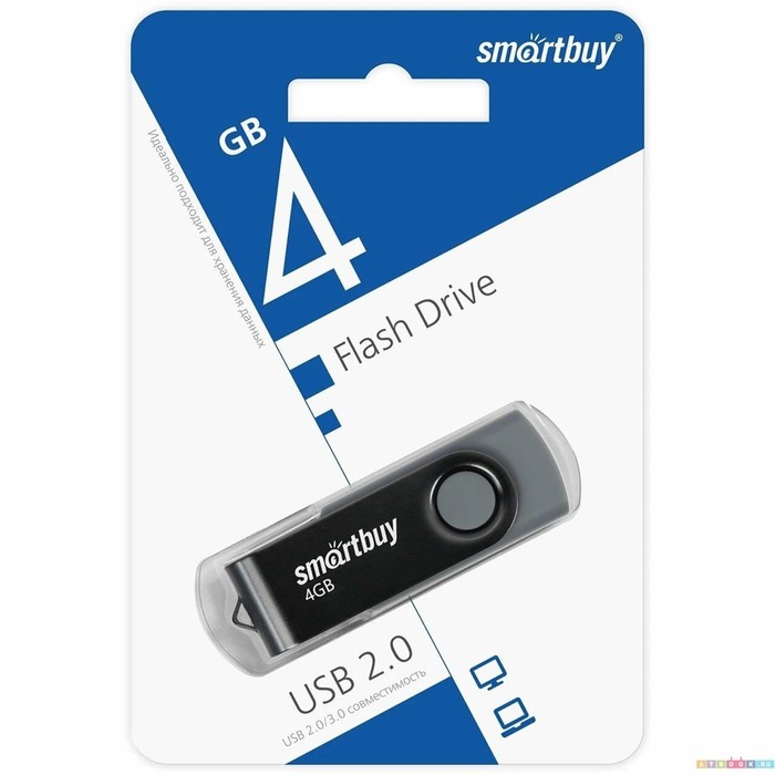 Флешка Smartbuy 004GB2TWK, 4 Гб, USB2.0, чт до 25 Мб/с, зап до 15 Мб/с, черная - фото 51566157