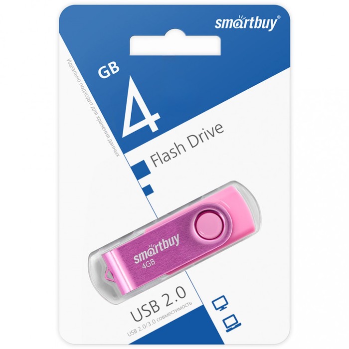 Флешка Smartbuy 004GB2TWP, 4 Гб, USB2.0, чт до 15 Мб/с, зап до 12 Мб/с, розовая - фото 51566164