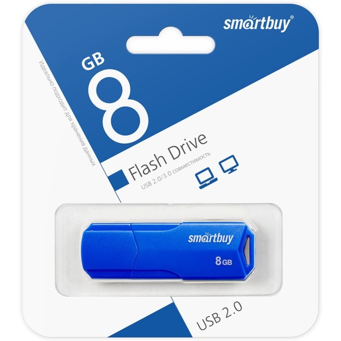 Флешка Smartbuy 8GBCLU-BU, 8 Гб, USB2.0, чт до 25 Мб/с, зап до 15 Мб/с, синяя - фото 51566173