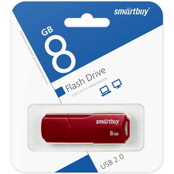 Флешка Smartbuy 8GBCLU-BG, 8 Гб, USB2.0, чт до 25 Мб/с, зап до 15 Мб/с, темно-красная - фото 51566177