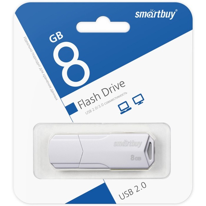 Флешка Smartbuy 8GBCLU-W, 8 Гб, USB2.0, чт до 25 Мб/с, зап до 15 Мб/с, белая - фото 51566180