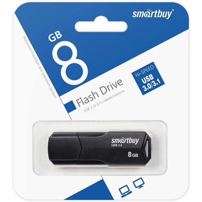 Флешка Smartbuy 8GBCLU-K3, 8 Гб, USB3.0, чт до 175 Мб/с, зап до 25 Мб/с, черная