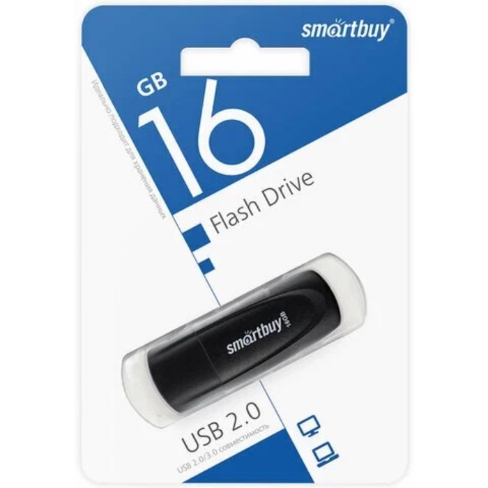 Флешка Smartbuy 016GB2SCK, 16 Гб, USB2.0, чт до 15 Мб/с, зап до 12 Мб/с, черная - фото 51566219