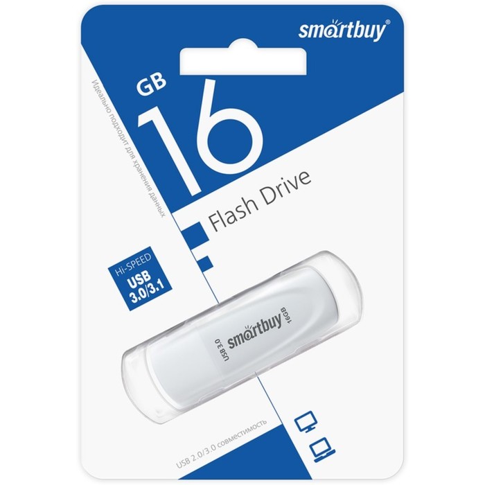 Флешка Smartbuy 016GB3SCW, 16 Гб, USB3.0, чт до 100 Мб/с, зап до 40 Мб/с, белая