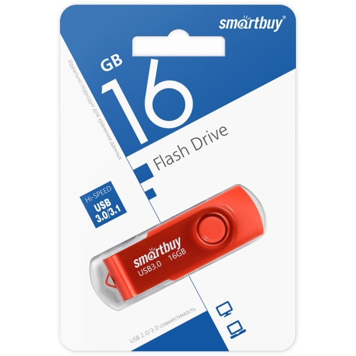 Флешка Smartbuy 016GB3TWR, 16 Гб, USB3.0, чт до 70 Мб/с, зап до 40 Мб/с, красная