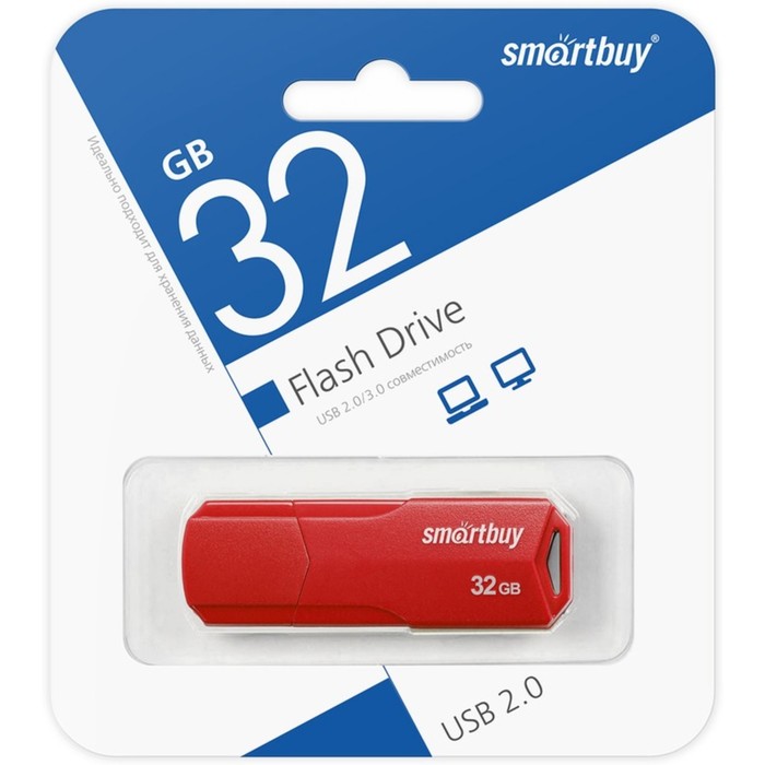 Флешка Smartbuy 32GBCLU-R, 32 Гб, USB2.0, чт до 25 Мб/с, зап до 15 Мб/с, красная - фото 51566240
