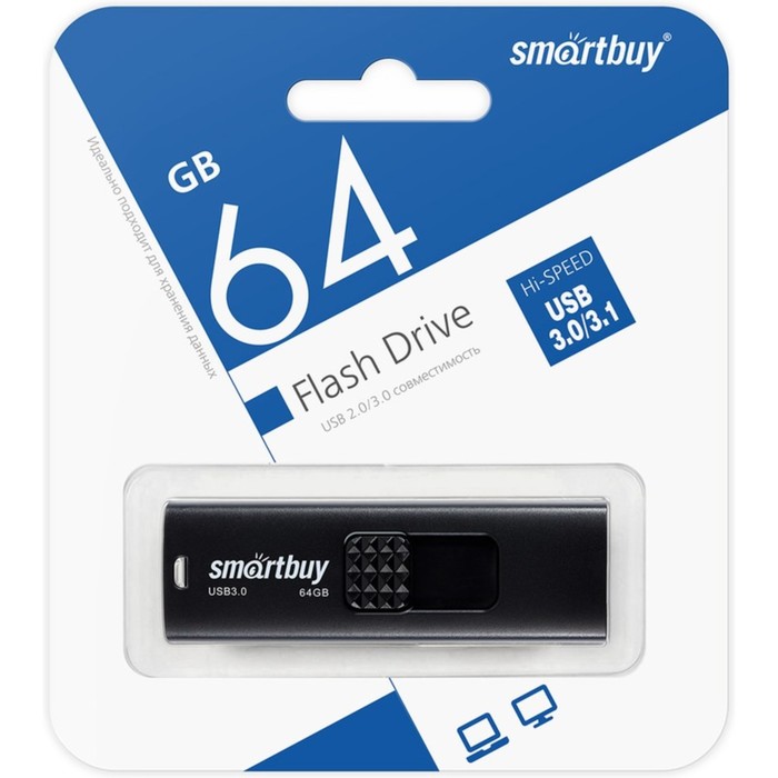Флешка Smartbuy 064GB3FSK, 64 Гб, USB3.0, чт до 100 Мб/с, зап до 60 Мб/с, черная - фото 51566316