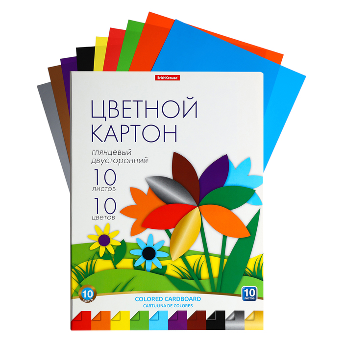 Картон цветной А4, 10 листов, 10 цветов, глянцевый в папке, ErichKrause, набор для детского творчества - Фото 1