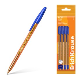 Набор ручек шариковых 4 шт, ErichKrause, R-301 Stick Amber узел 0.7 мм, синяя