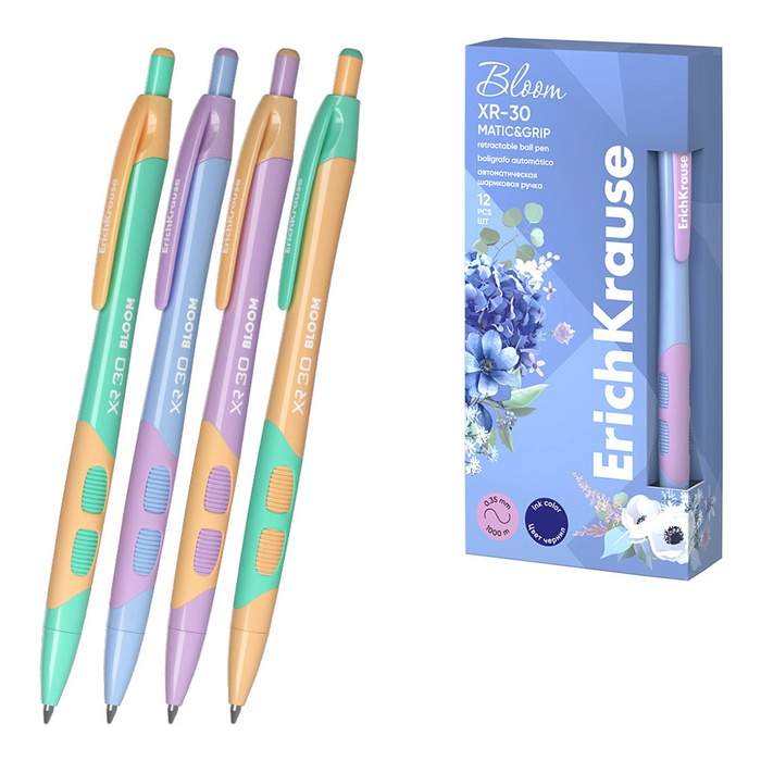 

Ручка шариковая автоматическая ErichKrause XR-30 Matic&Grip Pastel Bloom, узел 0.7 мм, чернила синие, резиновый держатель, длина линии письма 1000 метров