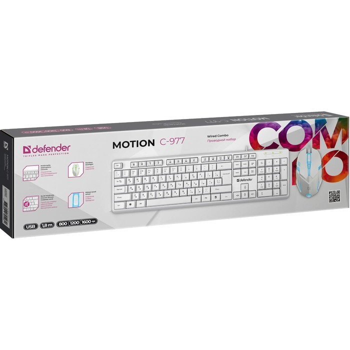 Комплект клавиатура и мышь Defender Motion C-977, проводной,мембранный,1600 dpi,USB,белый