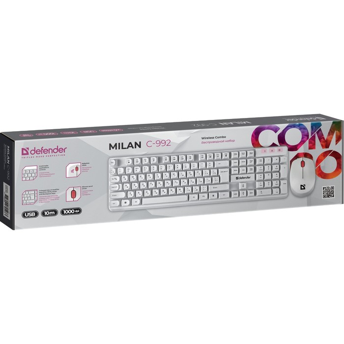 Комплект клавиатура и мышь Defender Milan C-992,беспроводной,мембран,1000 dpi,USB,белый