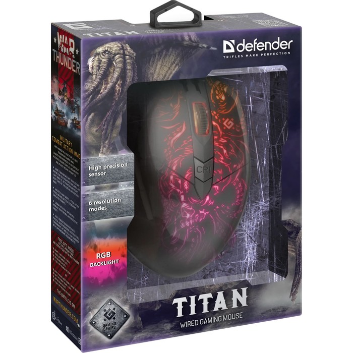 Мышь DEFENDER Titan GM-650L, проводная, игровая, оптическая, подсветка, 7200dpi, черная - фото 51568957