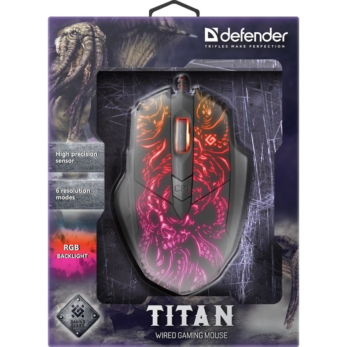 Мышь DEFENDER Titan GM-650L, проводная, игровая, оптическая, подсветка, 7200dpi, черная