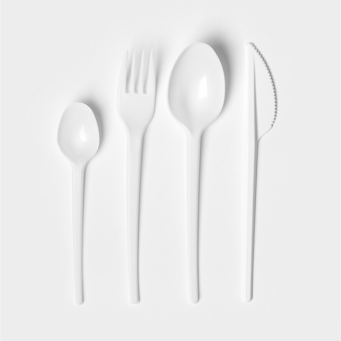 Набор пластиковых одноразовых столовых приборов, 4 предмета: вилка, ложка столовая, нож, ложка чайная, 16,5 см, цвет белый - Фото 1