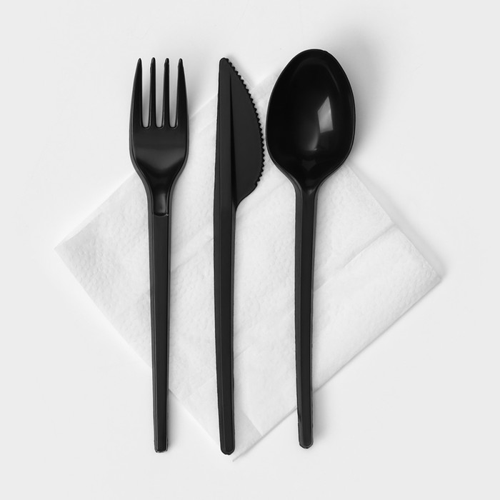 Набор пластиковых одноразовых столовых приборов, 4 предмета: вилка, ложка столовая, нож, салфетка белая, 16,5 см, цвет чёрный - Фото 1