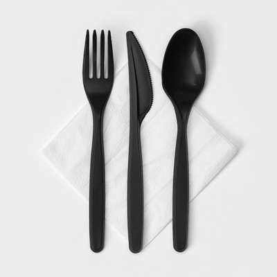 Набор одноразовых столовых приборов «Элит», 4 предмета: вилка, ложка столовая, нож, салфетка, 18 см, цвет чёрный