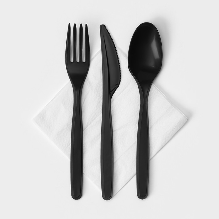 Набор пластиковых одноразовых столовых приборов «Элит», 4 предмета: вилка, ложка столовая, нож, салфетка, 18 см, цвет чёрный - Фото 1
