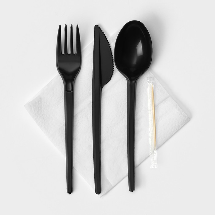 Набор пластиковых одноразовых приборов «Премиум», 5 предметов: вилка, ложка, нож, зубочистка, салфетка, 16,5 см, цвет чёрный - Фото 1