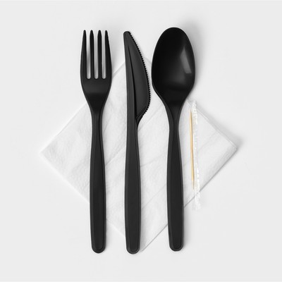 Набор пластиковых одноразовых столовых приборов «Элит», 5 предметов: вилка, ложка, нож, зубочистка, салфетка, 18 см, цвет чёрный