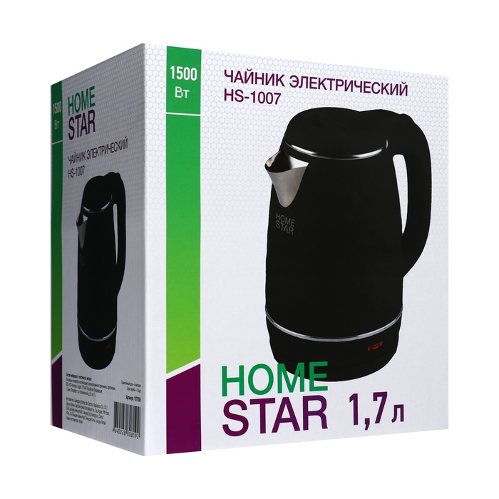 Чайник электрический Homestar HS-1007, пластик, колба металл, 1.7 л, 1500 Вт, чёрный - фото 51575430