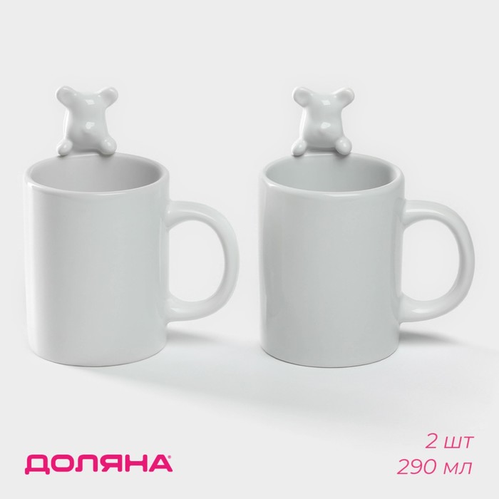 Кружки Доляна «Мишка Отто», 290 мл, 11.5×8×13.5 см, набор 2 шт., доломит, белые - Фото 1