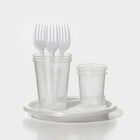 Набор пластиковой одноразовой посуды на 3 персоны, стакан 200 мл, стопка 100 мл, вилки, тарелки плоские d=16,5 см, бумажные салфетки - фото 3533128