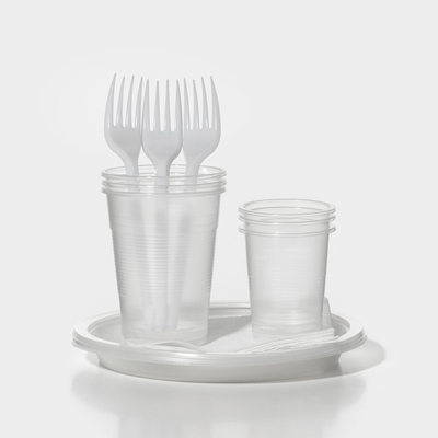 Набор пластиковой одноразовой посуды на 3 персоны, стакан 200 мл, стопка 100 мл, вилки, тарелки плоские d=16,5 см, бумажные салфетки
