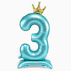 Шар фольгированный 42" «Цифра 3 с короной» на подставке, цвет голубой - Фото 1